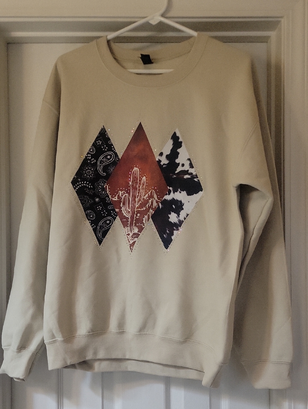Gildan Beige Crewneck Sweater with Southwestern Cactus Graphic